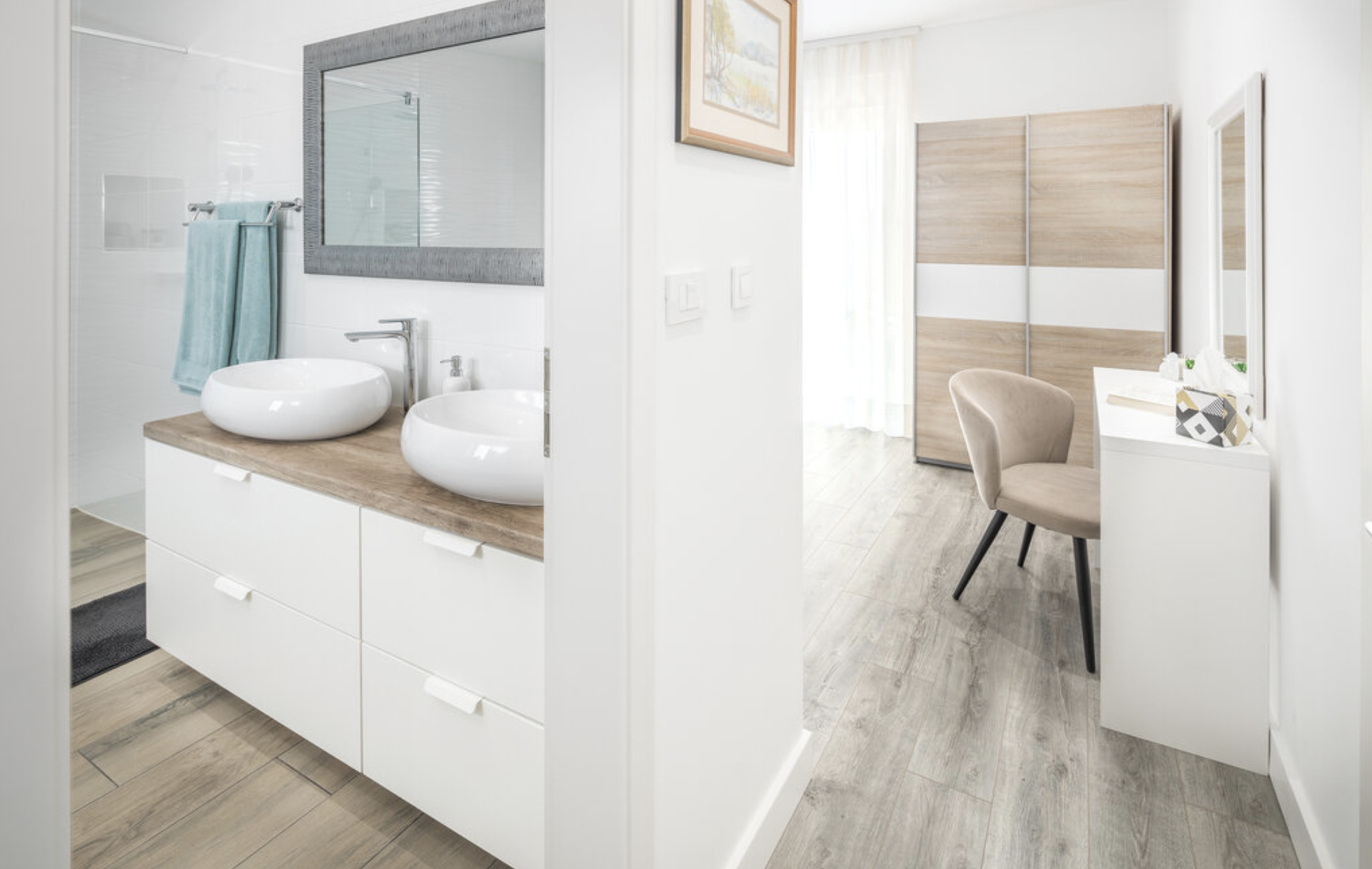 Villa Mia bathroom double vanity with nearby dressing area