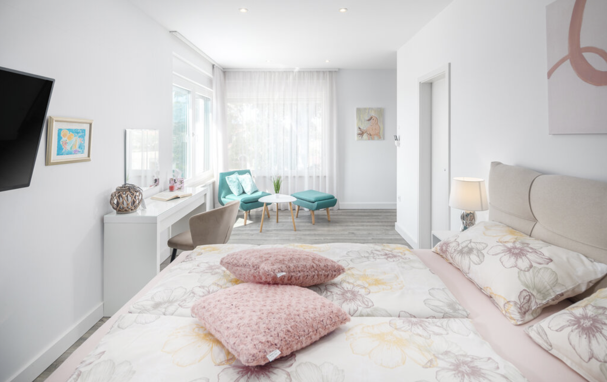 Soft neutral bedroom at Villa Mia