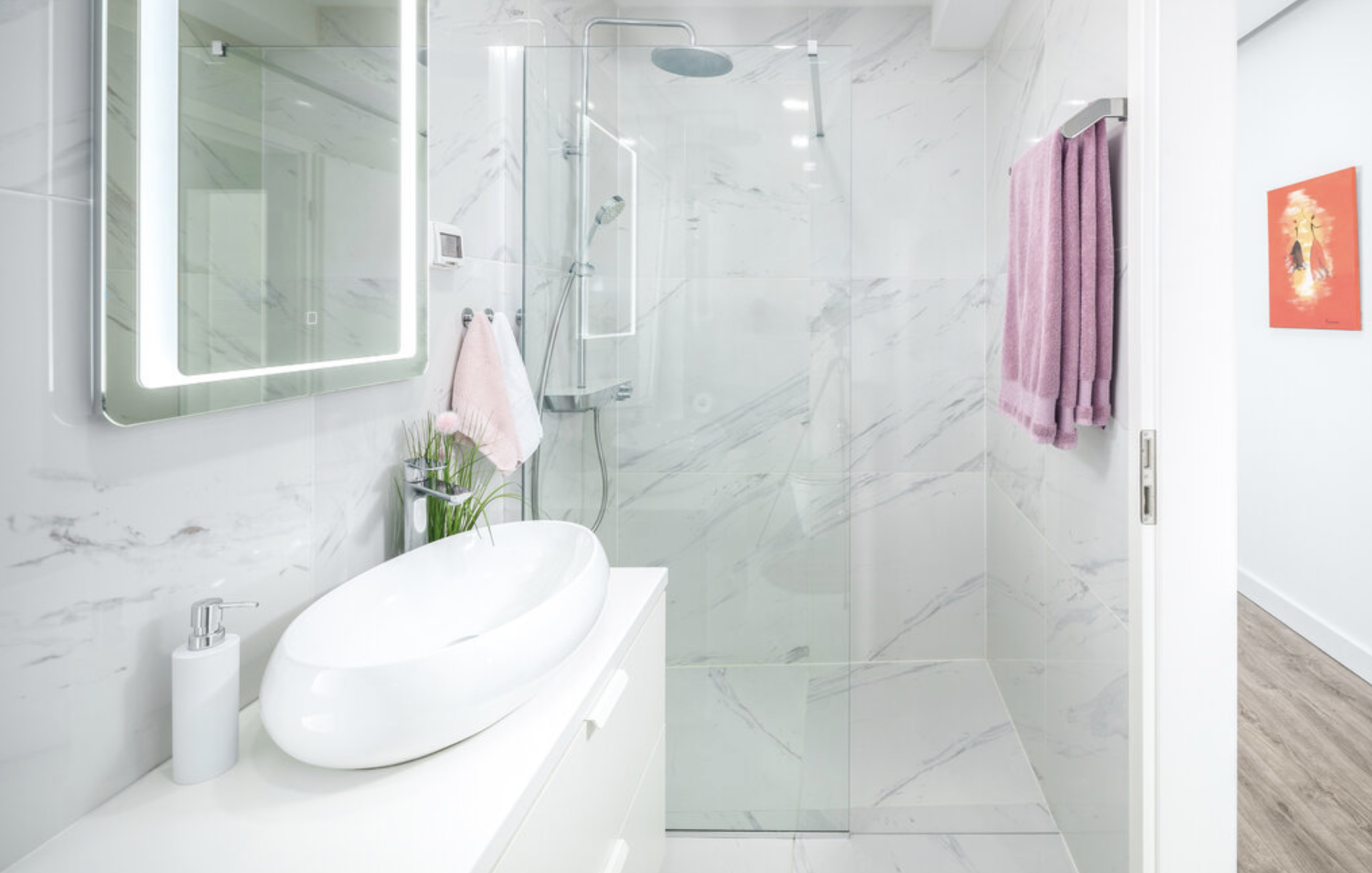 Villa Mia bathroom shower and clean marble details